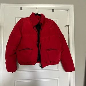 Red puffer jacket